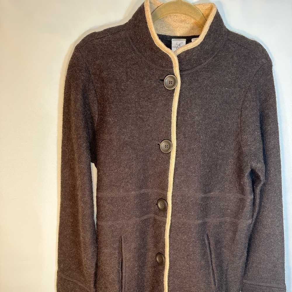 Liz Claiborne 100% Wool Brown Long Sleeve Knee Length Knit Sweater Cardigan S